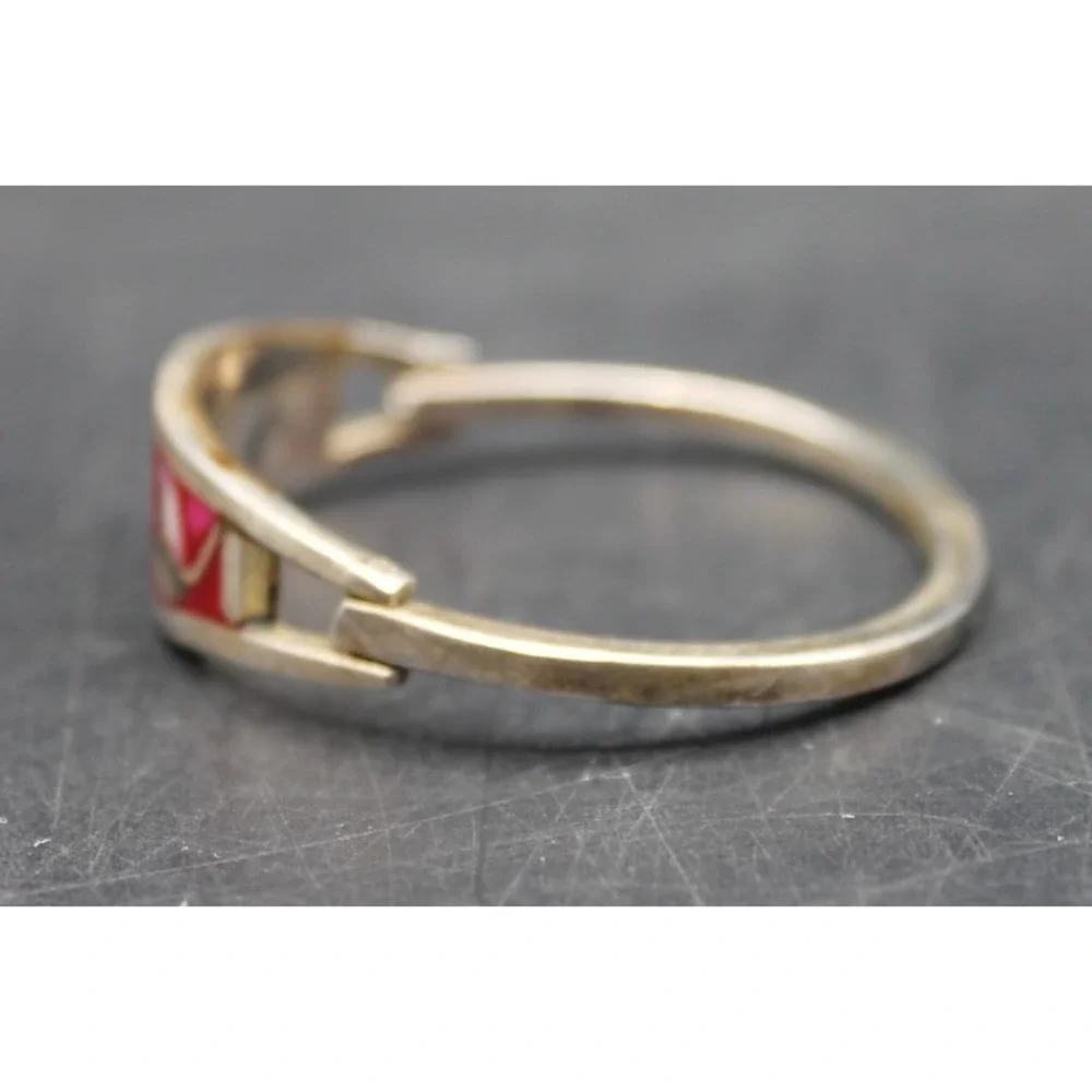 Vintage Mexico Sterling Silver Red Enamel Child Bangle Bracelet Mother of Pearl